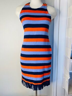 Tory Burch Striped Knit Tank Dress in Coral, Light Blue & Navy. Size Medium.
